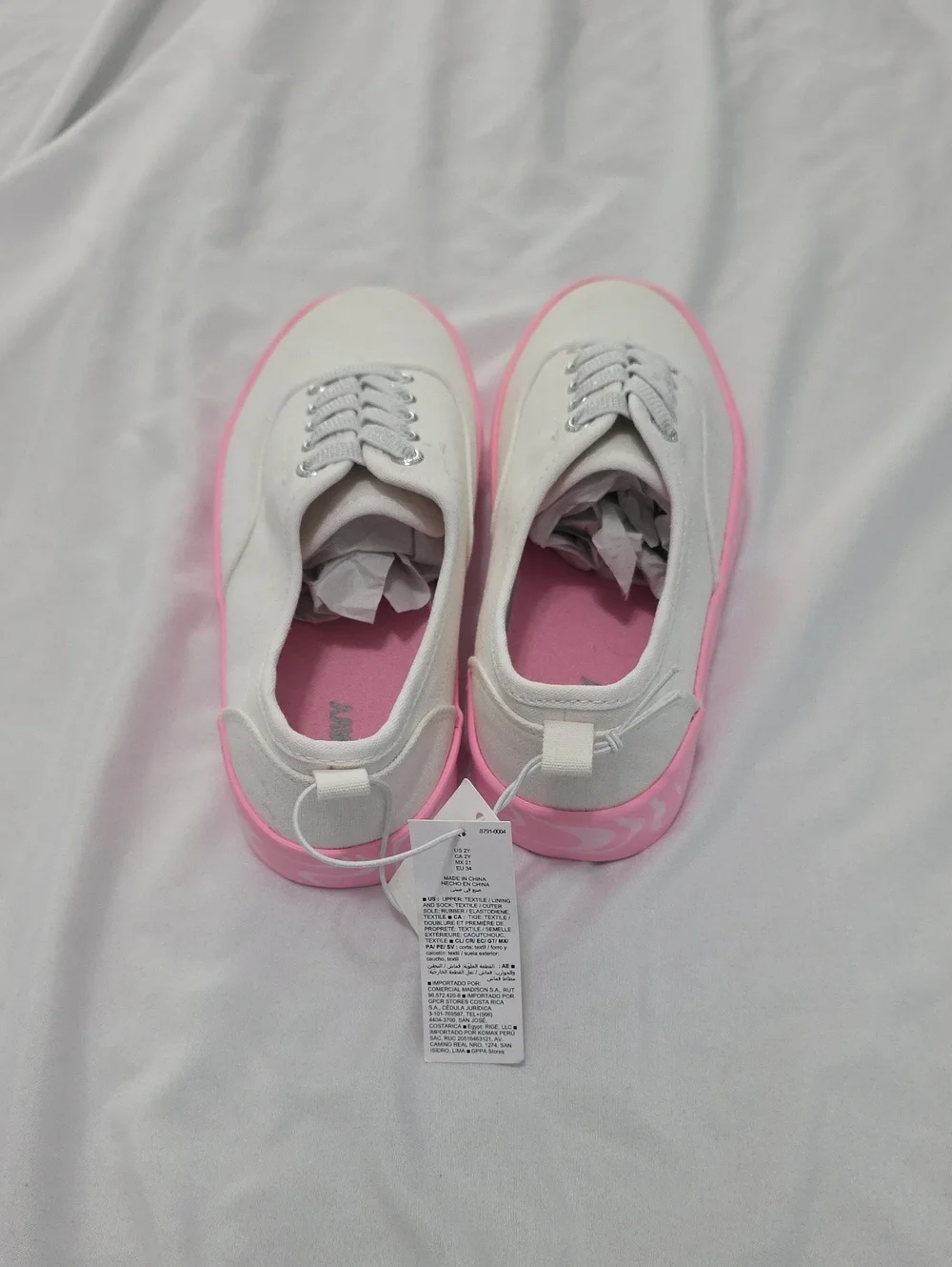White Canvas Sneakers with Pink Trim Girls Size 2